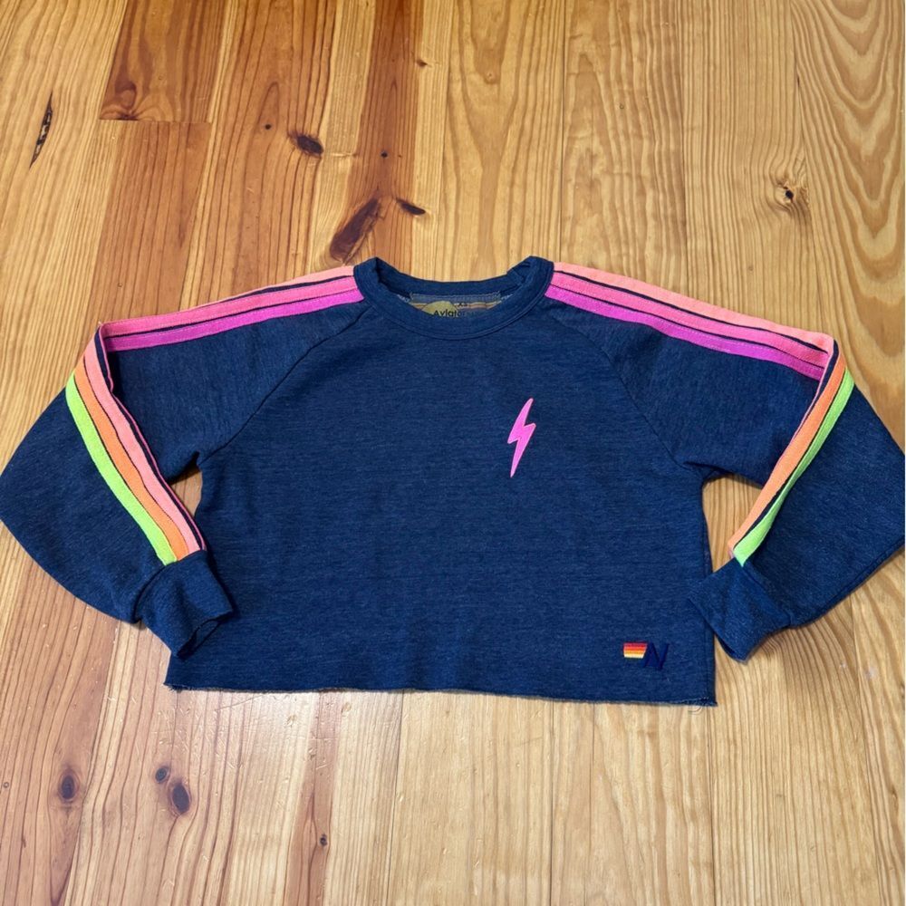 Aviator Nation Bolt Embroidery Classic Cropped Crew Sweatshirt Heather Navy Neon - Picture 5 of 12